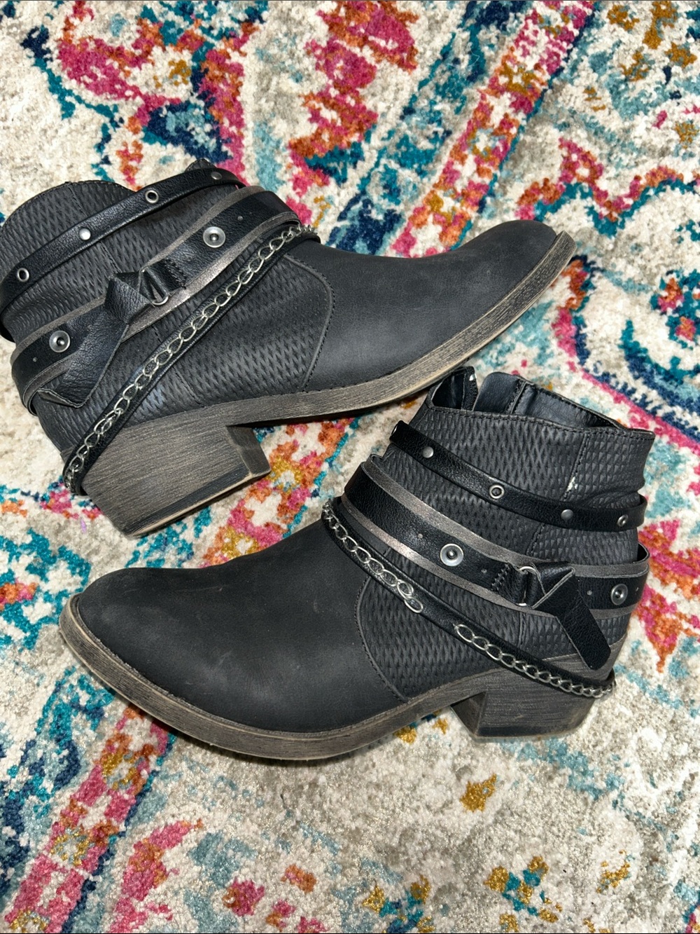 SO Black Ankle Booties with Studded Straps and Chain Detail